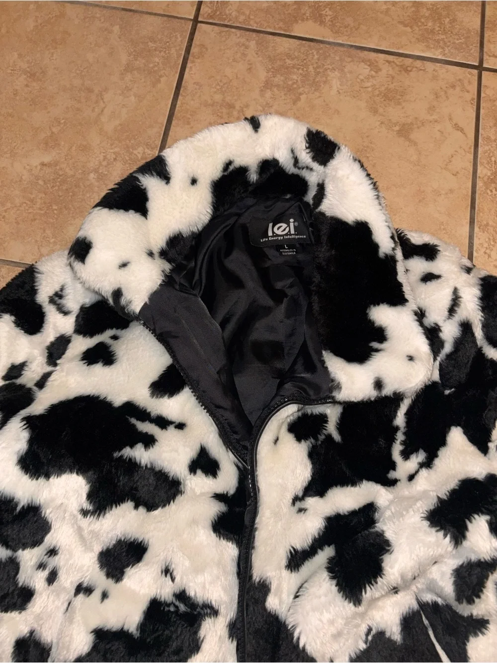 lei Black & White Faux Fur Cow-Print Puffer Jacket